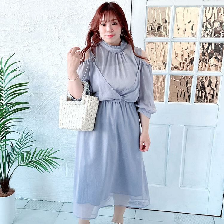 大きいサイズ レディース カシュクールレイヤード風ワンピース　maru-36185 サックス