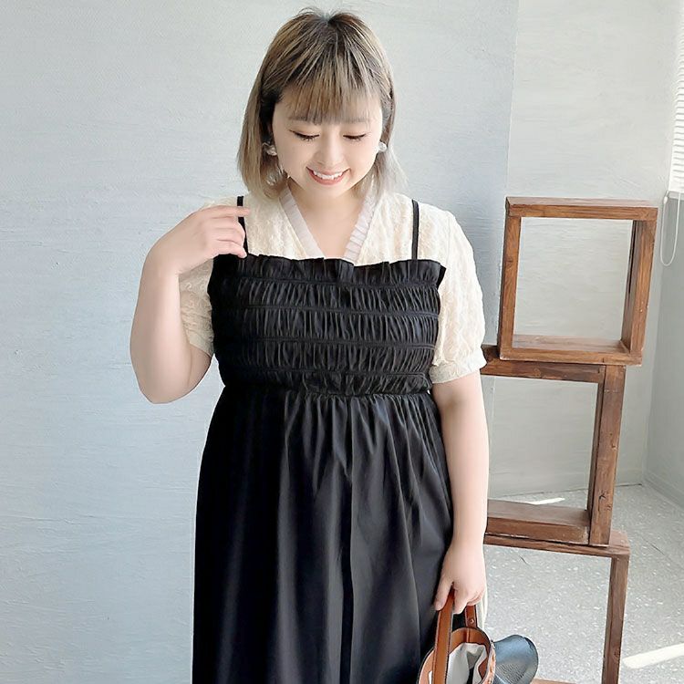 大きいサイズ レディース 胸シャーリングドッキングワンピース　goldy-1291 メール便可