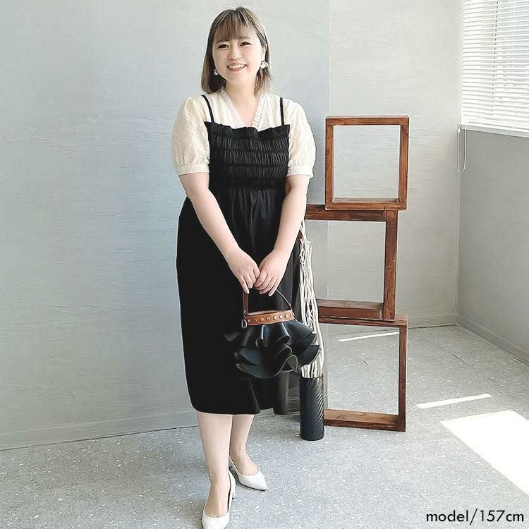 大きいサイズ レディース 胸シャーリングドッキングワンピース　goldy-1291 メール便可 ブラック