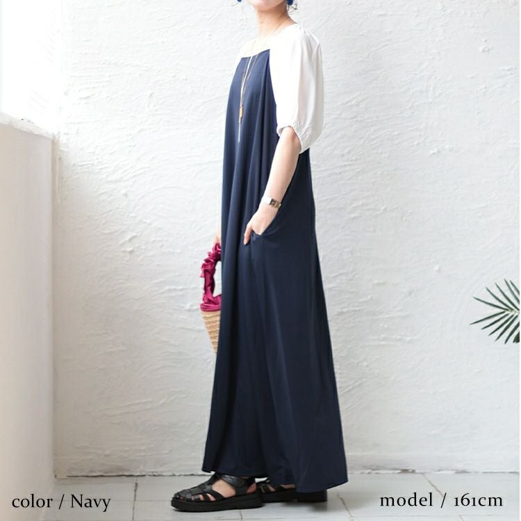 大きいサイズ レディース スクエアネック袖切替パイピングワンピース　maru-6677