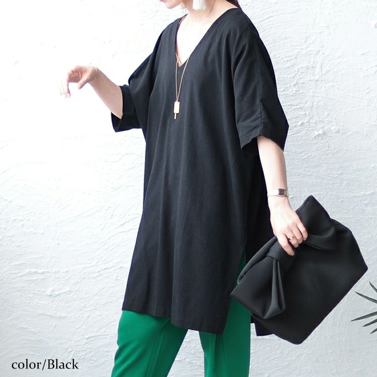 大きいサイズ レディース コットン布帛Vネックチュニック　maru-6674 【メール便可】