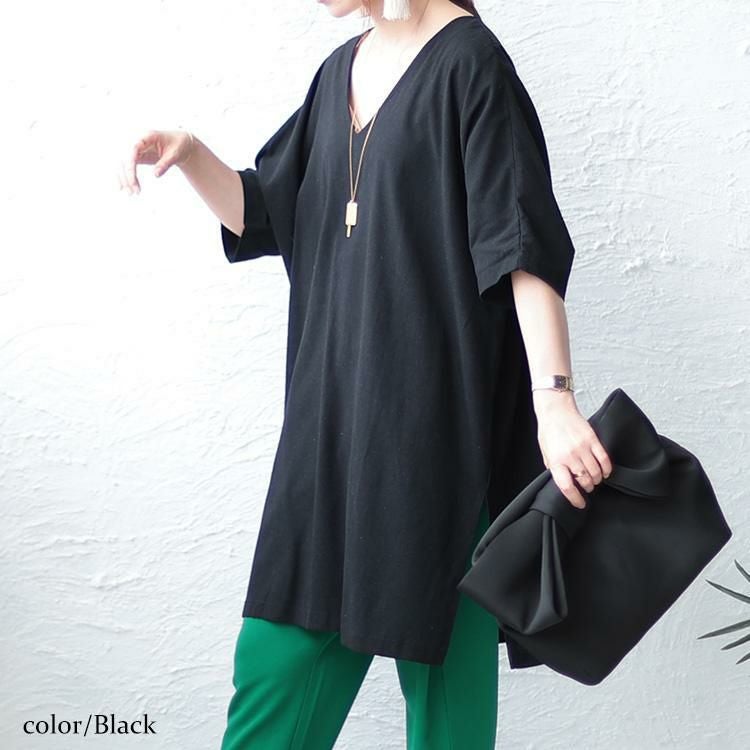 大きいサイズ レディース コットン布帛Vネックチュニック　maru-6674 【メール便可】 ブラック