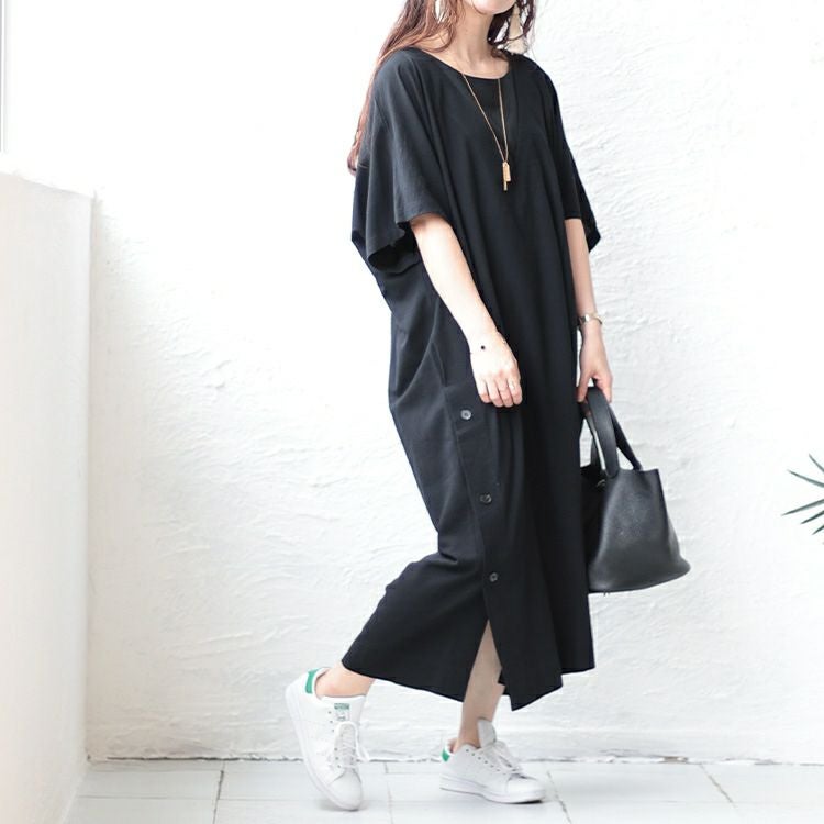 大きいサイズ レディース 深Vネックスリット入りナチュラルワンピース　maru-6673