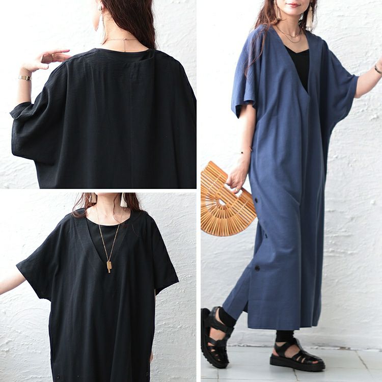 大きいサイズ レディース 深Vネックスリット入りナチュラルワンピース　maru-6673