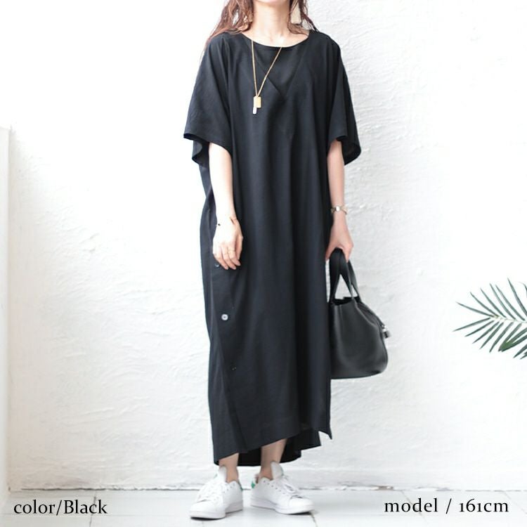 大きいサイズ レディース 深Vネックスリット入りナチュラルワンピース　maru-6673