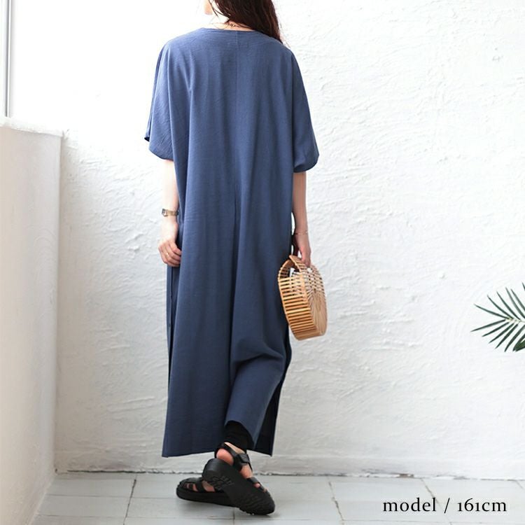 大きいサイズ レディース 深Vネックスリット入りナチュラルワンピース　maru-6673
