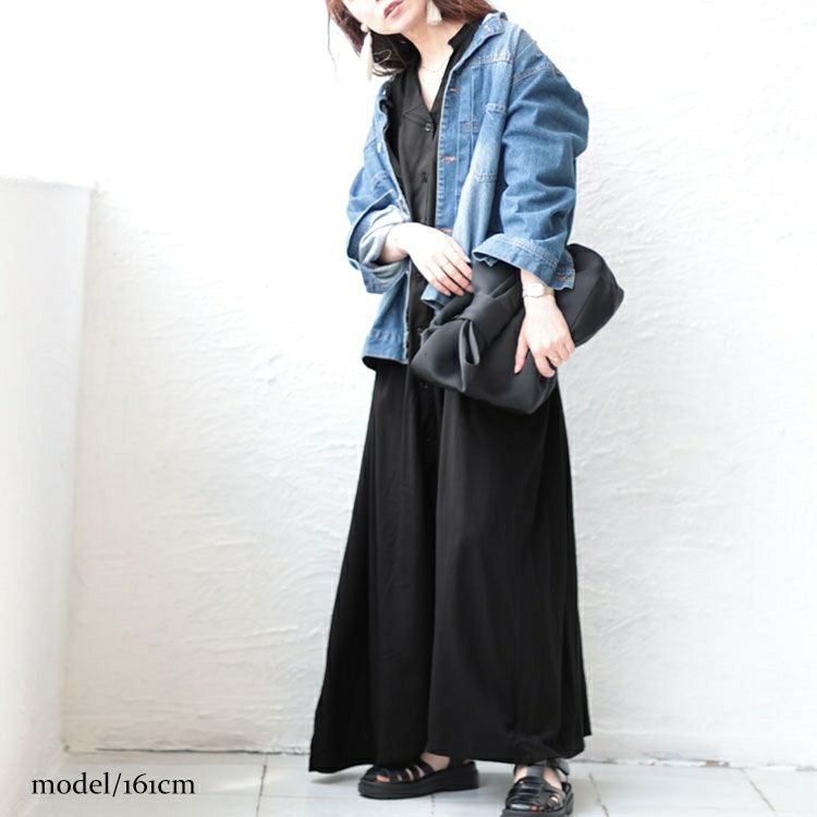 大きいサイズ レディース とろみ布帛キーネックギャザーマキシワンピース　maru-6685