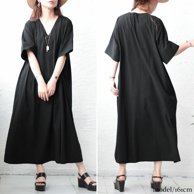 大きいサイズ レディース タック入りVネックコットンマキシワンピース　maru-6684 【メール便可】