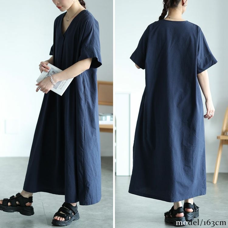 大きいサイズ レディース タック入りVネックコットンマキシワンピース　maru-6684 【メール便可】