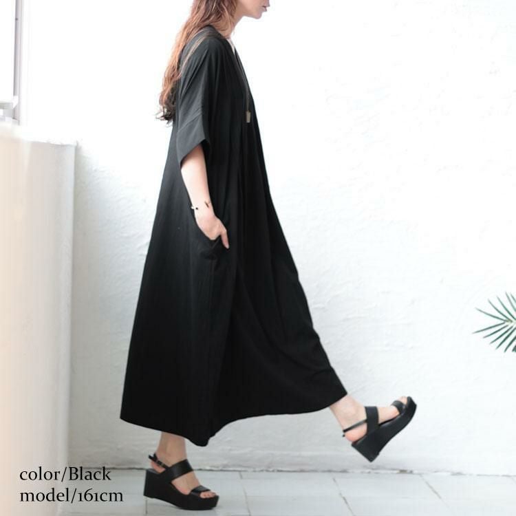 大きいサイズ レディース タック入りVネックコットンマキシワンピース　maru-6684 【メール便可】 ブラック