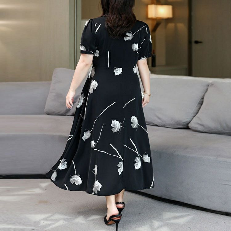 大きいサイズ レディース 花柄パフスリーブワンピース　goldy-1330