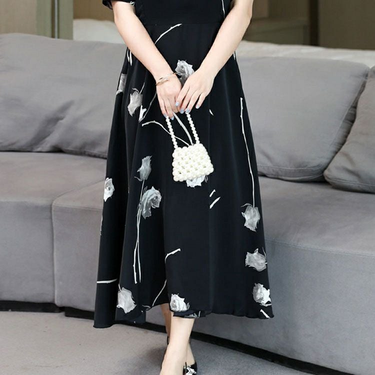 大きいサイズ レディース 花柄パフスリーブワンピース　goldy-1330