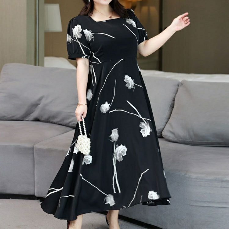 大きいサイズ レディース 花柄パフスリーブワンピース　goldy-1330