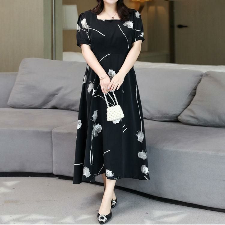 大きいサイズ レディース 花柄パフスリーブワンピース　goldy-1330 ブラック