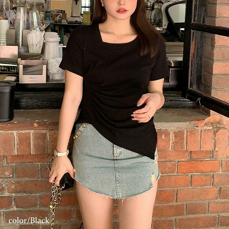 大きいサイズ レディース サイドギャザーカットソーTシャツ　goldy-1306 【ゆうパケット可】 ブラック