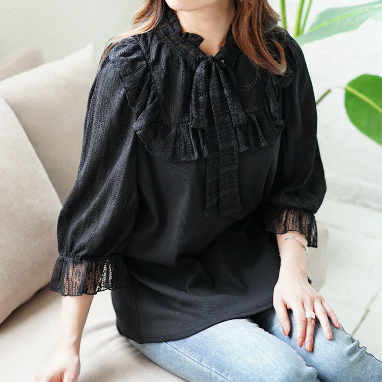 大きいサイズ レディース レース切替リボンボウタイプルオーバー　maru-315704 【ゆうパケット可】