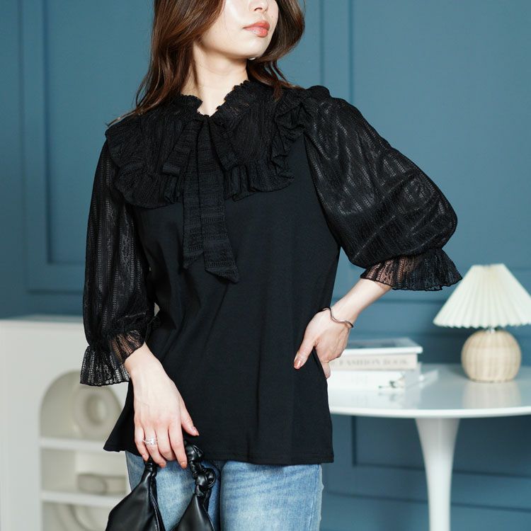 大きいサイズ レディース レース切替リボンボウタイプルオーバー　maru-315704 【ゆうパケット可】