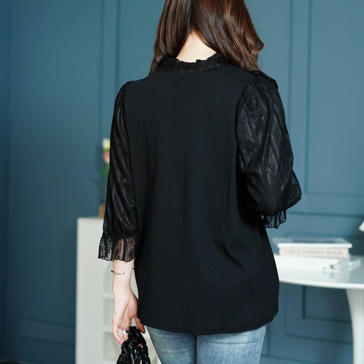 大きいサイズ レディース レース切替リボンボウタイプルオーバー　maru-315704 【ゆうパケット可】