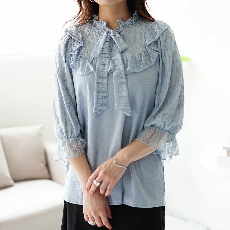 大きいサイズ レディース レース切替リボンボウタイプルオーバー　maru-315704 【ゆうパケット可】