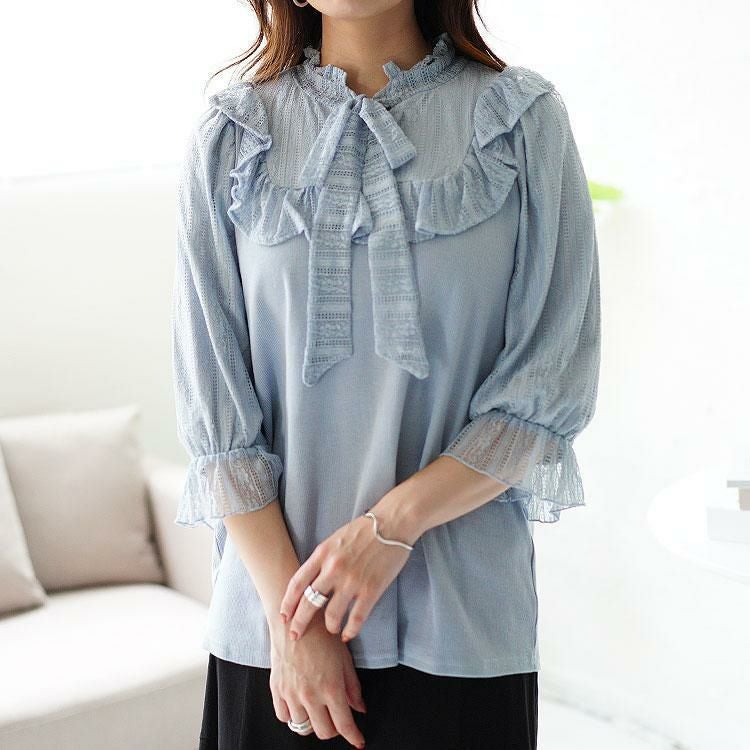 大きいサイズ レディース レース切替リボンボウタイプルオーバー　maru-315704 【ゆうパケット可】 ブルー