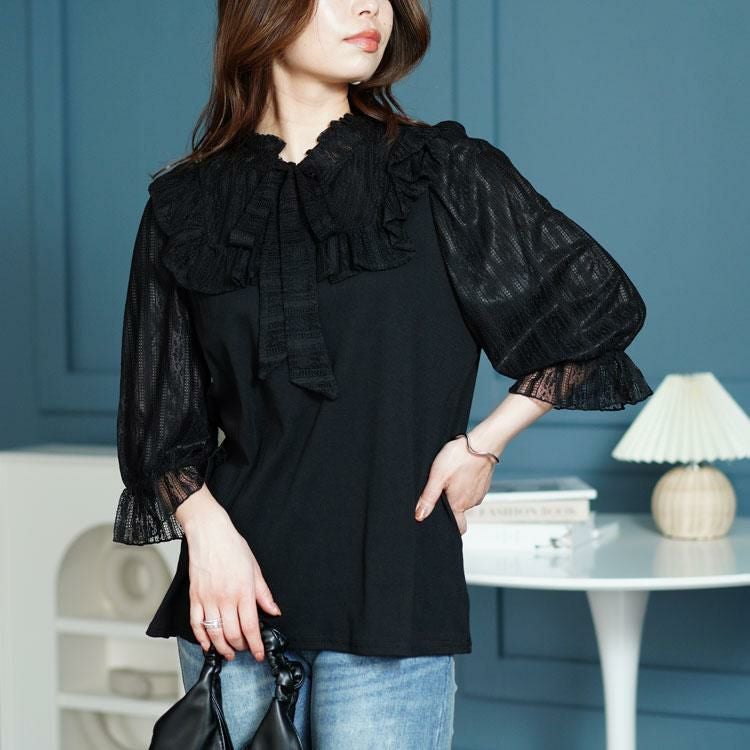 大きいサイズ レディース レース切替リボンボウタイプルオーバー　maru-315704 【ゆうパケット可】 ブラック