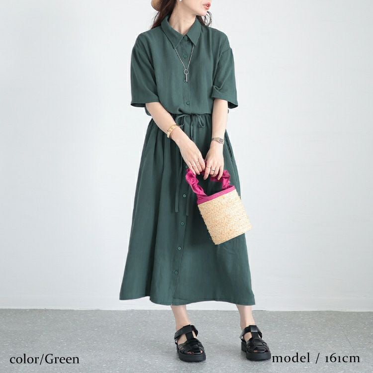 大きいサイズ レディース ウエストブラウジングシャツワンピース　maru-6686