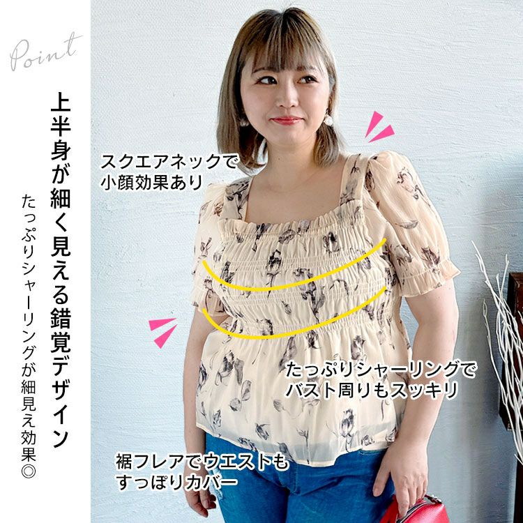 大きいサイズ レディース 花柄シャーリングブラウス　goldy-1324 【メール便可】