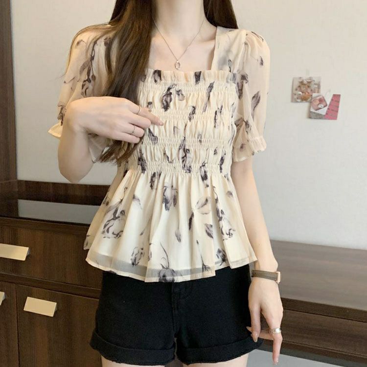 大きいサイズ レディース 花柄シャーリングブラウス　goldy-1324 【メール便可】