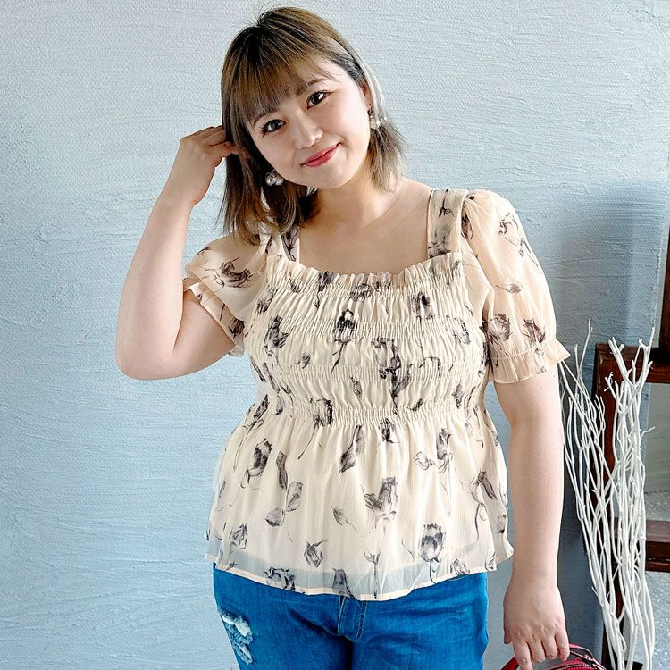 大きいサイズ レディース 花柄シャーリングブラウス　goldy-1324 【メール便可】