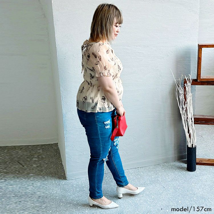 大きいサイズ レディース 花柄シャーリングブラウス　goldy-1324 【メール便可】