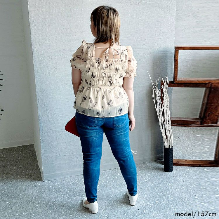 大きいサイズ レディース 花柄シャーリングブラウス　goldy-1324 【メール便可】