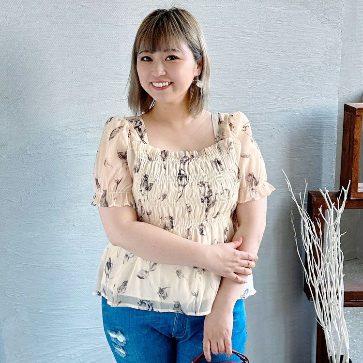 大きいサイズ レディース 花柄シャーリングブラウス　goldy-1324 【メール便可】