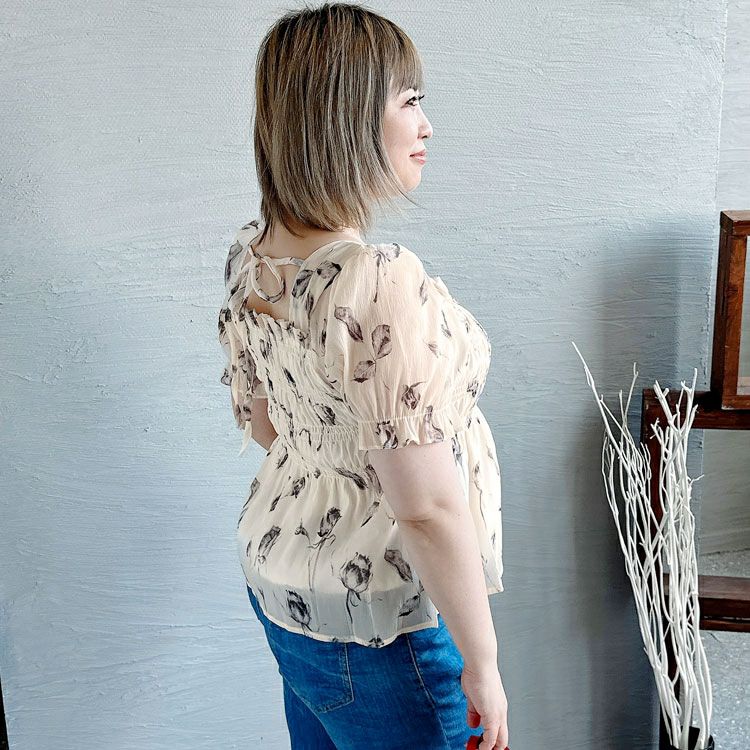 大きいサイズ レディース 花柄シャーリングブラウス　goldy-1324 【メール便可】