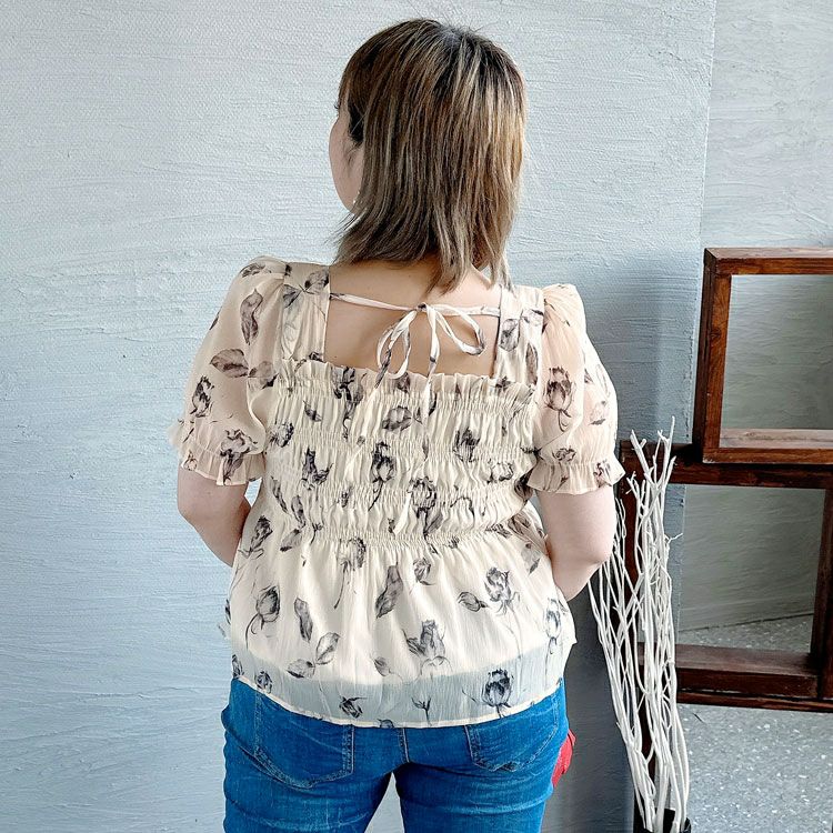 大きいサイズ レディース 花柄シャーリングブラウス　goldy-1324 【メール便可】