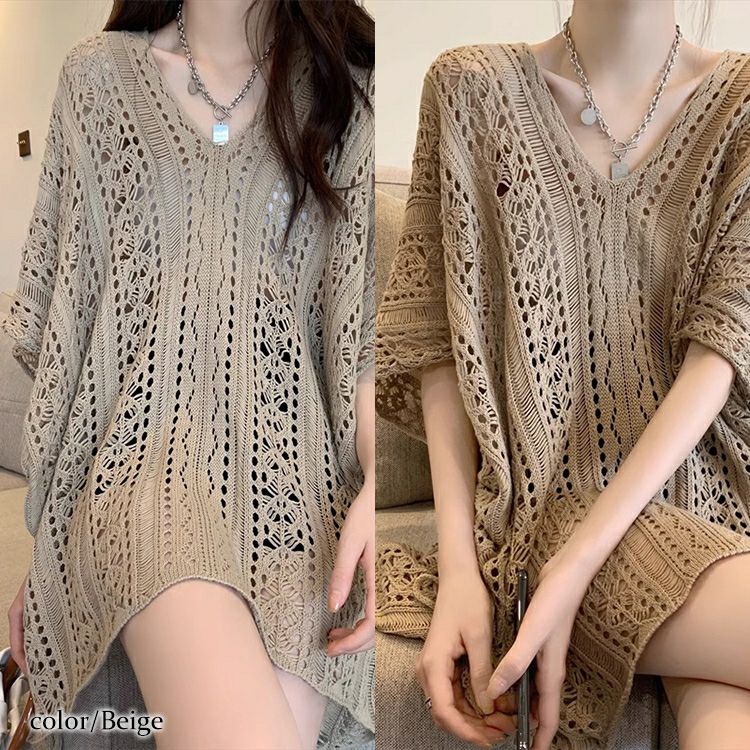 大きいサイズ レディース 透かし編みドルマンサマーニット　jps007