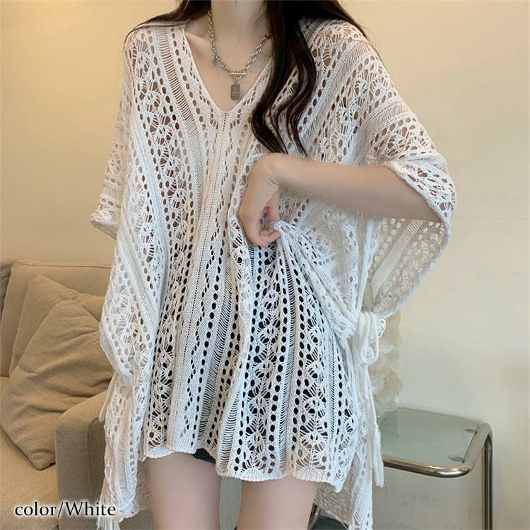 大きいサイズ レディース 透かし編みドルマンサマーニット　jps007 ホワイト
