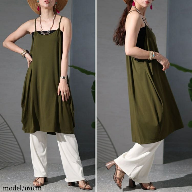 大きいサイズ レディース バックボタンデザインキャミチュニックワンピース　jp482