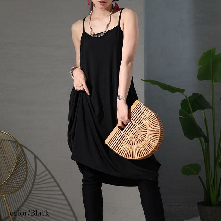 大きいサイズ レディース バックボタンデザインキャミチュニックワンピース　jp482 ブラック