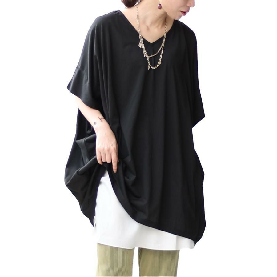 大きいサイズ レディース チュニックドルマンTシャツ　fem-375 ブラック