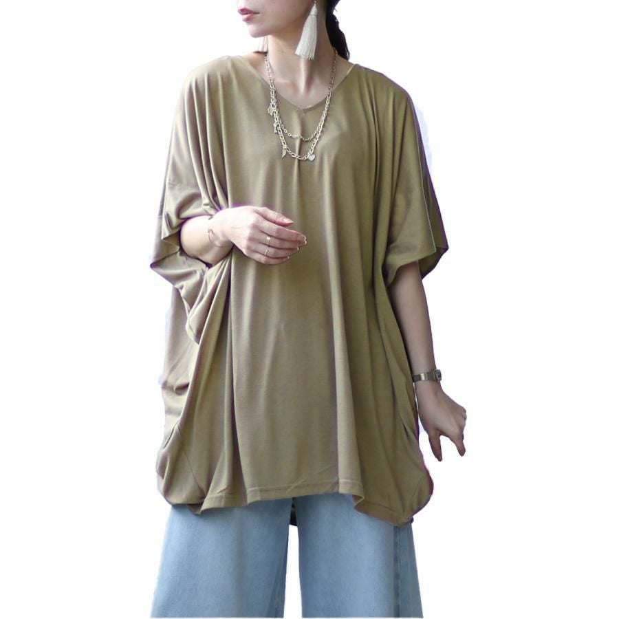大きいサイズ レディース チュニックドルマンTシャツ　fem-375 カーキ