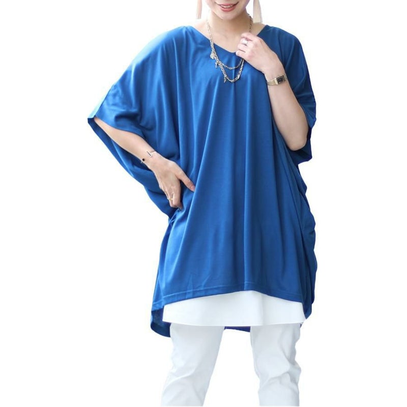 大きいサイズ レディース チュニックドルマンTシャツ　fem-375 ブルー