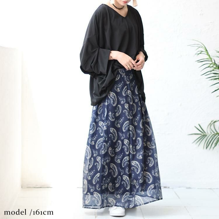 大きいサイズ レディース オーガンジーペイズリープリントスカート　nw-23023 ネイビー