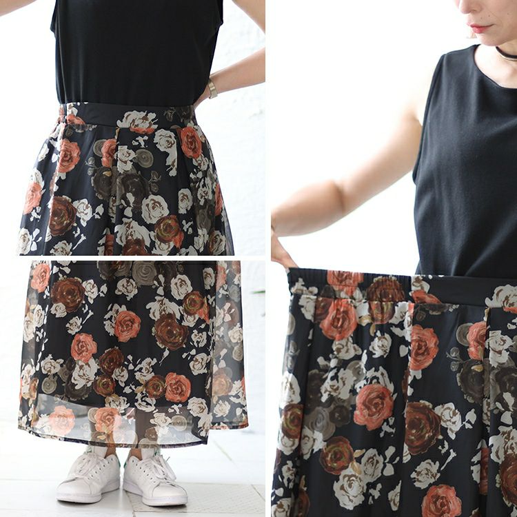 大きいサイズ レディース オーガンジー花柄プリントスカート　nw-23022