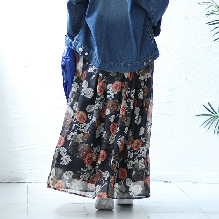 大きいサイズ レディース オーガンジー花柄プリントスカート　nw-23022
