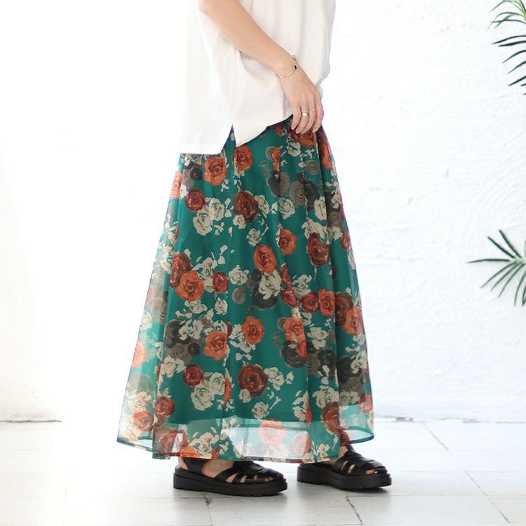 大きいサイズ レディース オーガンジー花柄プリントスカート　nw-23022