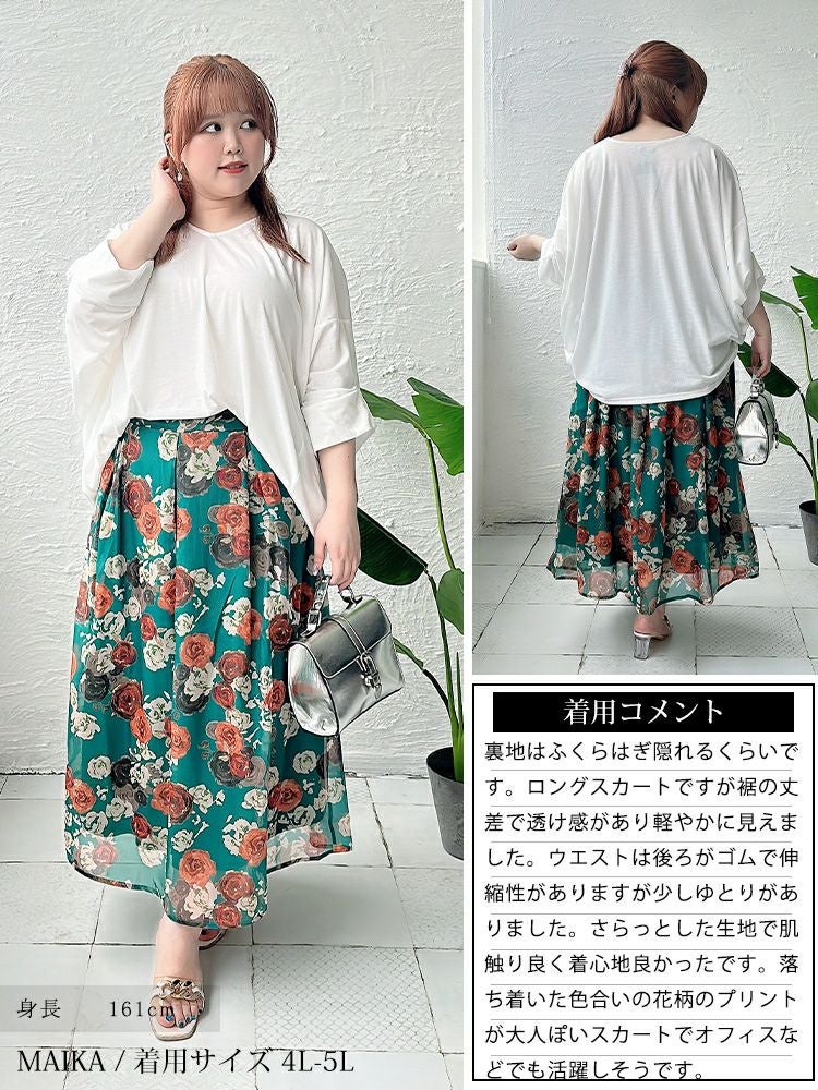 大きいサイズ レディース オーガンジー花柄プリントスカート　nw-23022