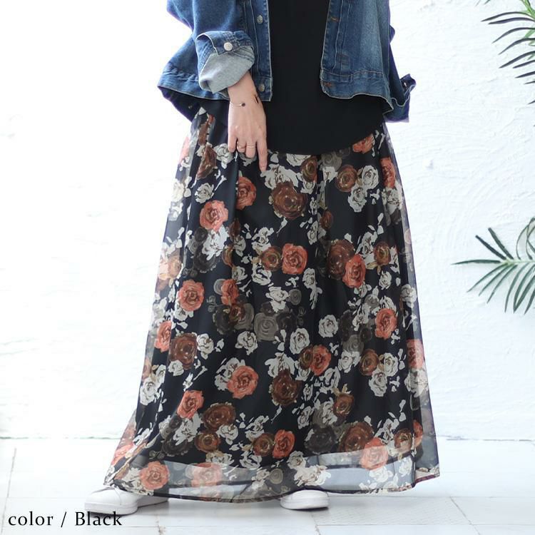 大きいサイズ レディース オーガンジー花柄プリントスカート　nw-23022 ブラック