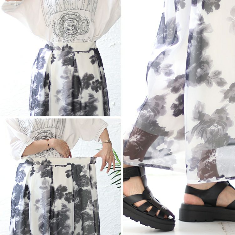 大きいサイズ レディース オーガンジー花柄プリントスカート　nw-23021 【メール便可】