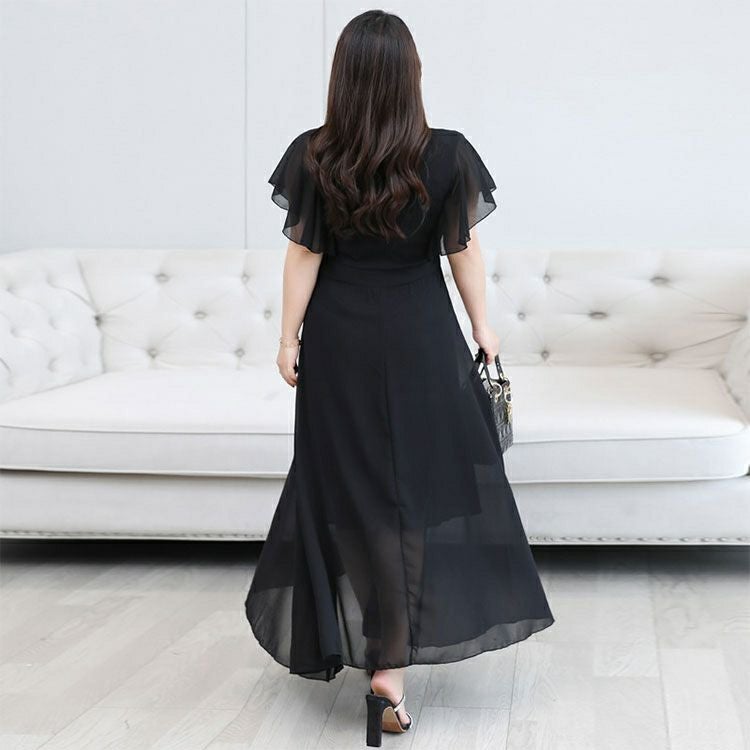 大きいサイズ レディース Vネックフリルスリーブワンピース　goldy-1341 【メール便可】