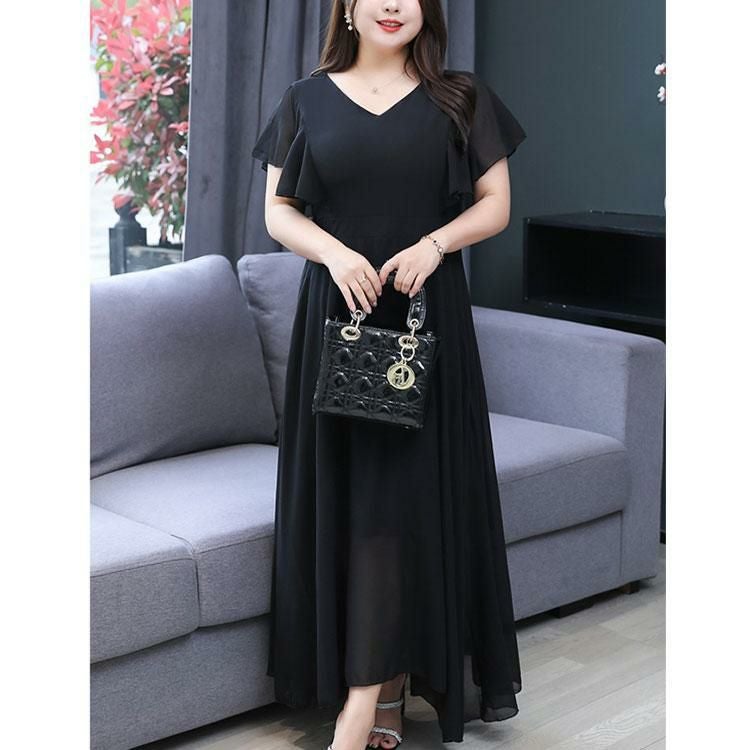 大きいサイズ レディース Vネックフリルスリーブワンピース　goldy-1341 【メール便可】 ブラック